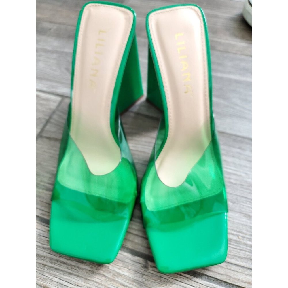 Liliana Clear Green Open Toe Triangular Heel Slippers In Sz 7.5. VGUC